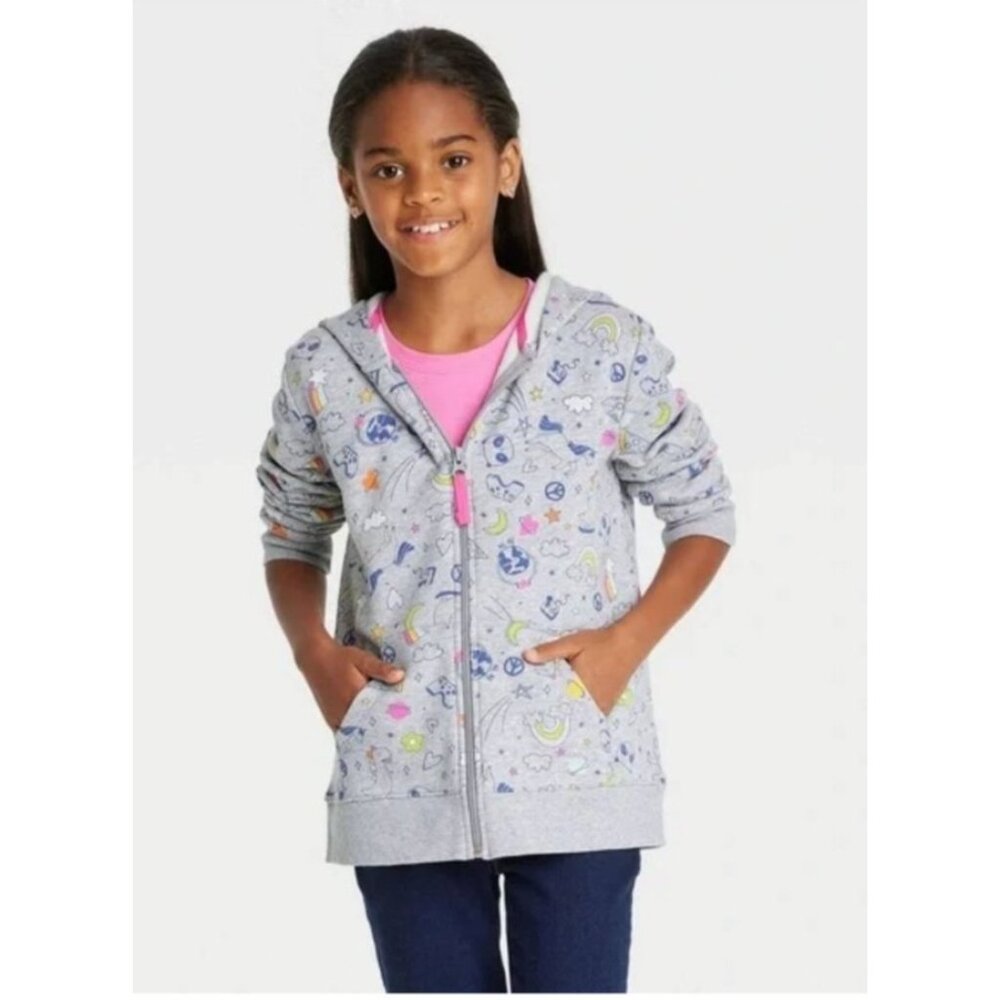 Cat & Jack Girls Printed Zip-Up Hoodie Jacket XXL (18) Gray School Play Comfort